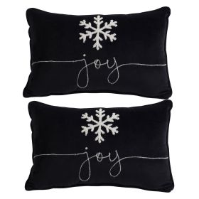 Set of 2, 18x12" Black Velvet Pillow With Embroidered Joy And Frosty Snowflake, for Christmas Halloween Holiday Decor