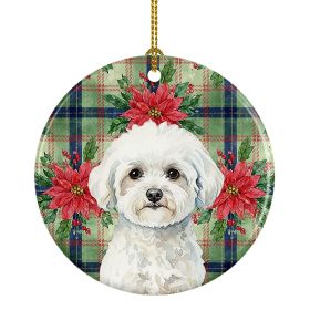 Bichon Frise Christmas PoinsettIas Ceramic Ornament Christmas Tree Hanging Decorations for Home Christmas Holiday, Party, Gift, 3 in, Multicolor