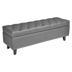 Button-Tufted Storage Ottoman Bench PU Leather Bench with Wood Legs Gray