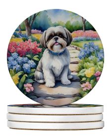 Shih Tzu Spring Path Large Sandstone Coasters Pack of 4 Absorbent Round Coasters Decor Gifts for Men or Women, 4 in, Multicolor