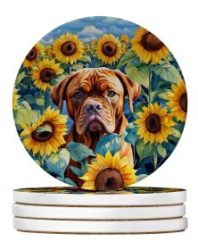 Dogue de Bordeaux in Sunflowers Large Sandstone Coasters Pack of 4 Absorbent Round Coasters Decor Gifts for Men or Women, 4 in, Multicolor