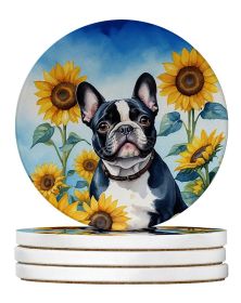 French Bulldog in Sunflowers Large Sandstone Coasters Pack of 4 Absorbent Round Coasters Decor Gifts for Men or Women, 4 in, Multicolor