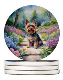 Yorkshire Terrier Spring Path Large Sandstone Coasters Pack of 4 Absorbent Round Coasters Decor Gifts for Men or Women, 4 in, Multicolor