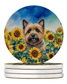 Cairn Terrier in Sunflowers Large Sandstone Coasters Pack of 4 Absorbent Round Coasters Decor Gifts for Men or Women, 4 in, Multicolor