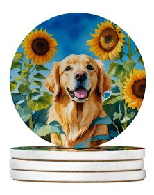 Golden Retriever in Sunflowers Large Sandstone Coasters Pack of 4 Absorbent Round Coasters Decor Gifts for Men or Women, 4 in, Multicolor