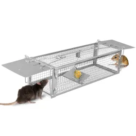 Dual Door Rat Trap Cage Humane Live Rodent Dense Mesh Trap Cage Zinc Electroplating Mice Mouse Control Bait Catch With 2 Detachable U Shaped Rod (Color: Silver)