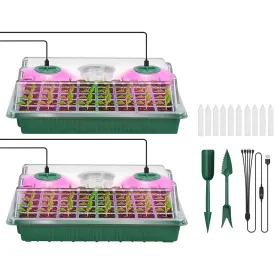 2Pcs 40 Cells Seed Starter Tray Plant Grow Light With 4 Adjustable Brightness Automatic Timing Setting Humidity Dome Plant Germination Garden (Color: Green)