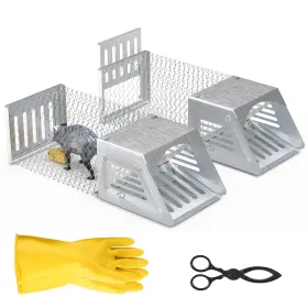 2Pcs Humane Mouse Trap Cage No Assembly Need Automatic Continuous Rat Trap With Single Way Door Reusable Catch And Release Live Cage Trap For Rod (Color: Silver)