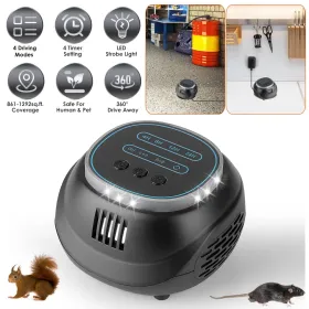 Ultrasonic Rodent Chaser Rat Repellent Pest Driver Mouse Control Squirrel Repeller With 4 Modes 4-65KHz Strobe Light 4 Timer 1292sq.ft. Coverage (Color: Black)