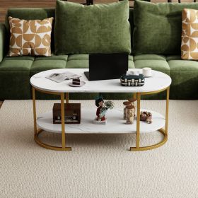Oval Coffee Table 2-Tier Wooden Accent Table with Spacious Tabletop and Open Storage Shelf (Color: White, select: Oval)