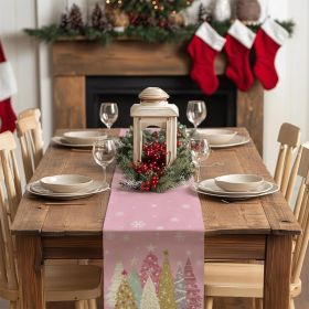 Christmas Table Runner 13x72 Inch, Xmas Trees Snowflakes Winter Holiday Decorative Farmhouse Table Decorations for Kitchen Dinning (Color: Pink)
