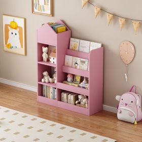 Kids Wooden Bookshelf Toy Storage Organizer with Bookcase, Kid's Storage Unit with 6 Compartments, Children Multi Shelf for Books, Toys Shelf (Color: Pink, Material: MDF)