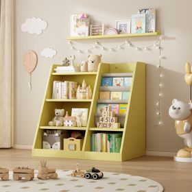 Wooden Toy Storage Organizer Cabinet Kids Bookshelf Children Bookcase Toddler Baby Sling Book Rack Adjustable Shelf for Playroom Bedroom Nursery (Color: Yellow, Material: MDF)