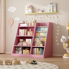 Wooden Toy Storage Organizer Cabinet Kids Bookshelf Children Bookcase Toddler Baby Sling Book Rack Adjustable Shelf for Playroom Bedroom Nursery (Color: Pink, Material: MDF)